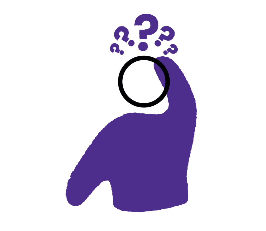 Icon of purple carer scratching their head. Question marks float above. Are they thinking, what if... I'm not there to care?
