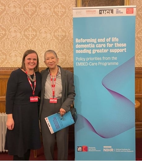 Frances Lawrence is with a dementia carer at an event in Westminster
